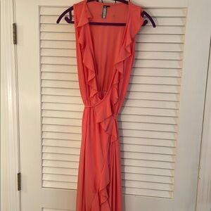 Kohkoh Rich Coral Wrap Around Ruffled Edged Draped Asymmetrical Wrap Sundress